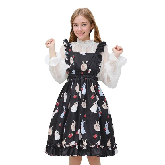Himifashion Dresses & Skirts - Sweet Lolita Bunny Print Suspender Dress with Strawberry Pattern Kawaii Style